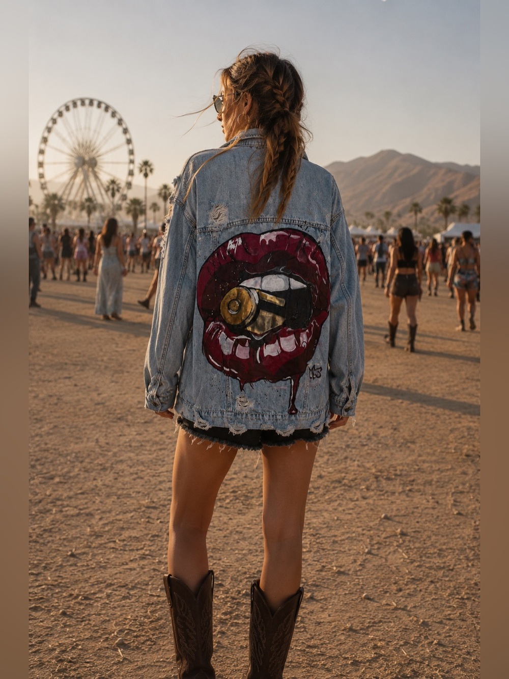 Bershka Vintage Collection Distressed Denim Jacket Lips Graphic XS
